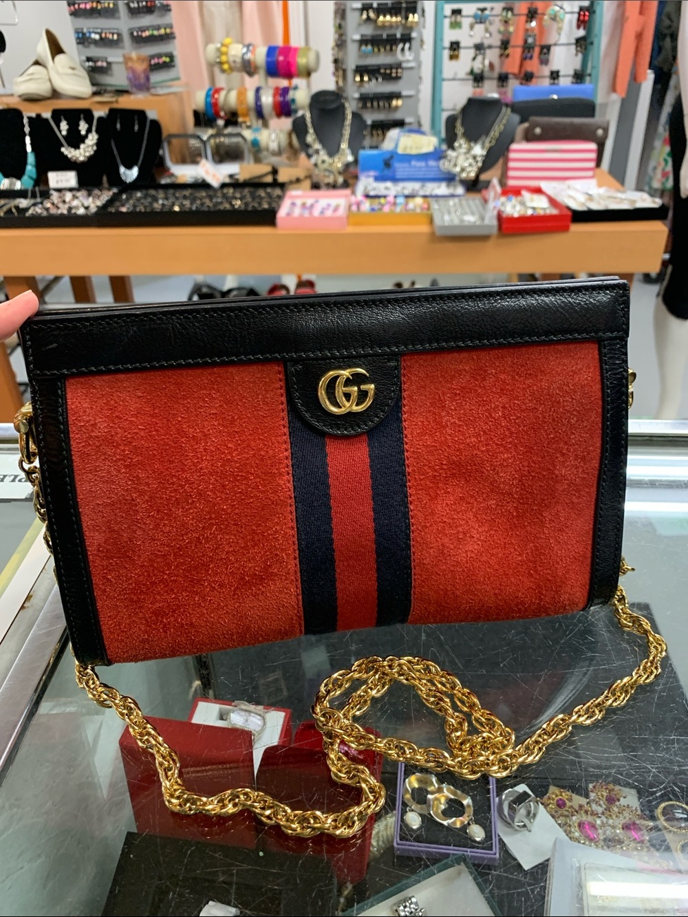 Gucci Red Suede Crossbody with Navy-Red Web Stripe and Gold Chain